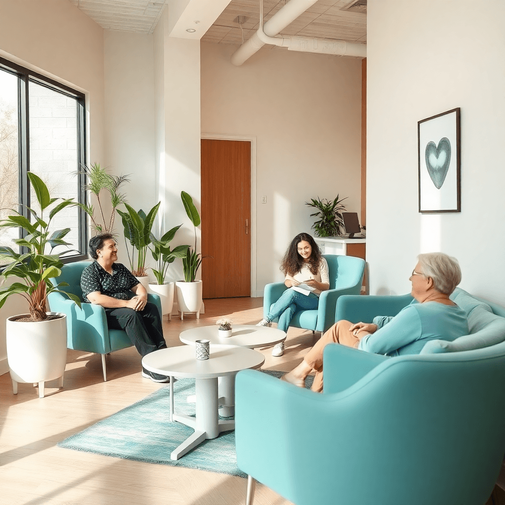Warm welcoming dental clinic waiting room with modern comfortable seating, natural lighting, and soft teal and sage tones